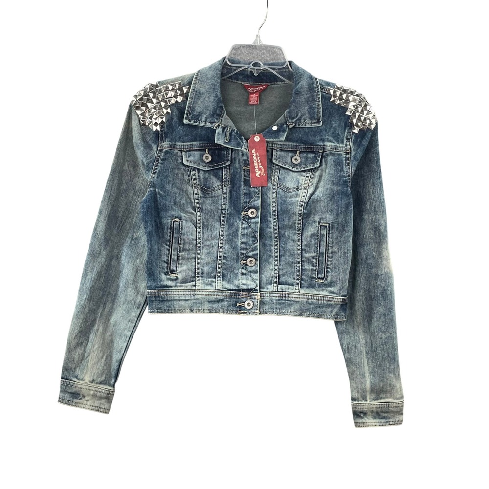 Arizona Denim Jacket Women Medium Blue Studded Cropped Trucker Jean Jacket